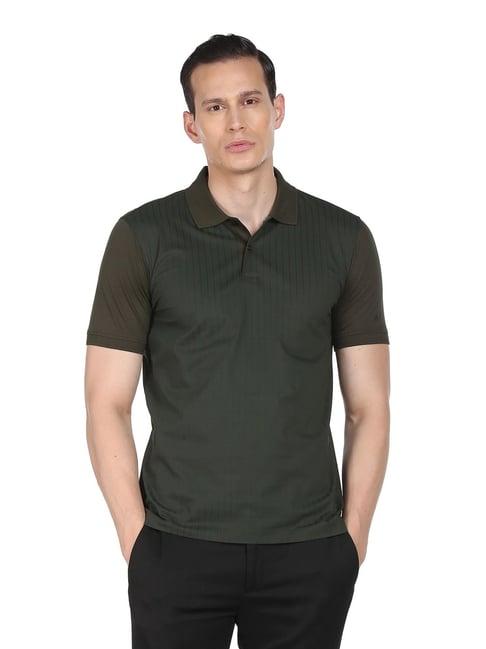 arrow new york olive cotton regular fit striped polo t-shirt