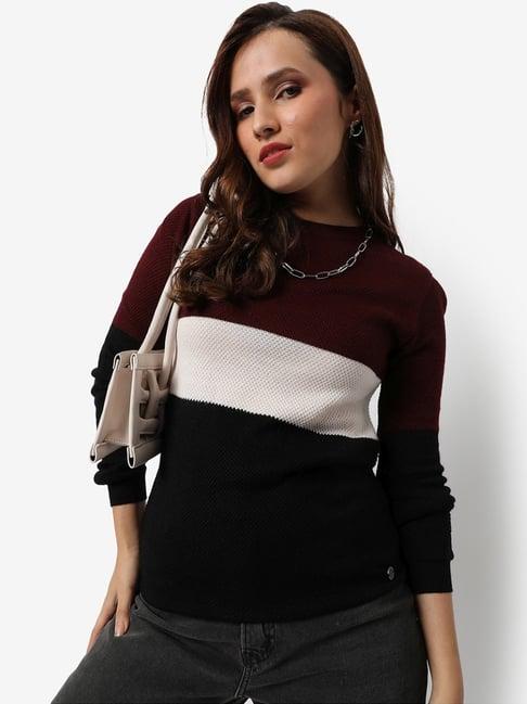 campus sutra maroon & black color-block sweater