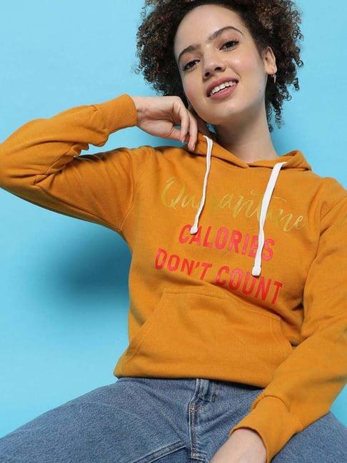 campus sutra mustard cotton graphic print sweatshirt