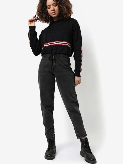 campus sutra black cotton striped sweatshirt