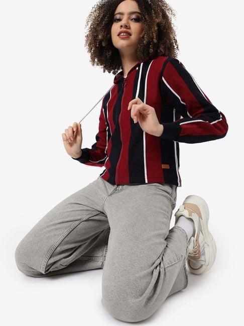 campus sutra maroon & black cotton striped sweatshirt