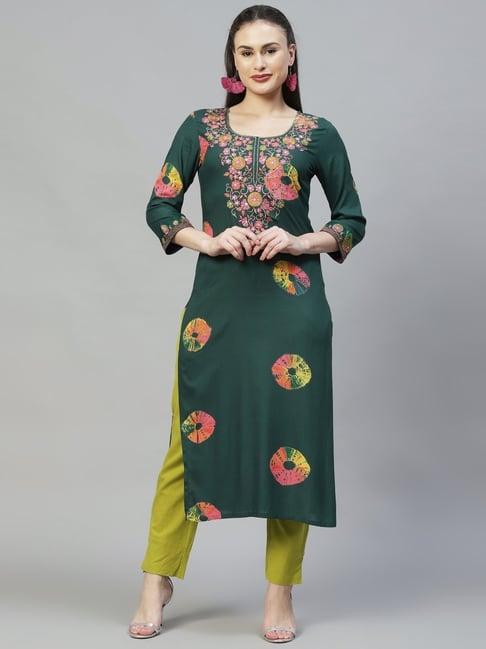 fashor green embroidered straight kurta