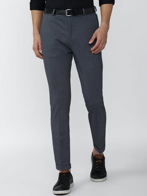 peter england blue regular fit flat front trousers