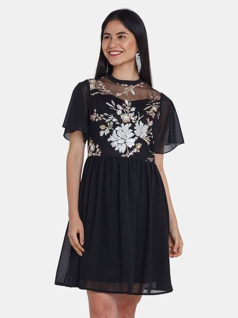 zink london black embellished fit & flare dress