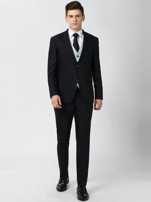 peter england elite black slim fit printed three piece suit