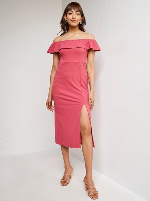 and pink solid midi dress