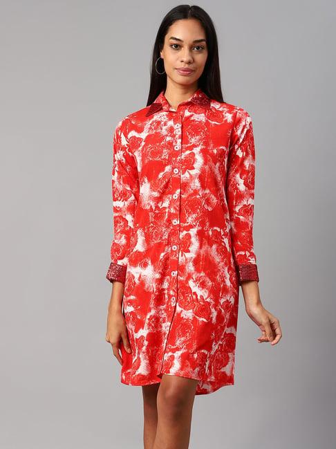 cottinfab red & white printed shirt crepe dress