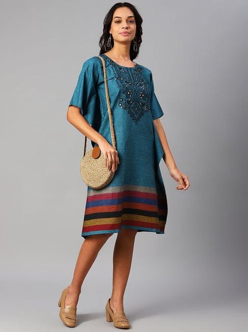 cottinfab blue cotton motifs embroidery kaftan