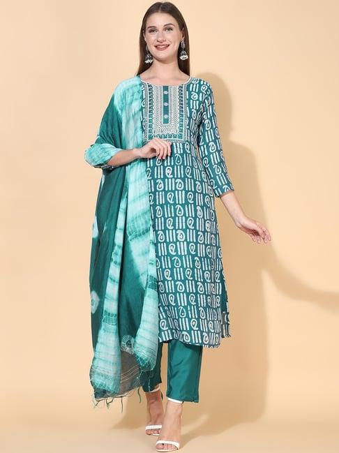 fashor teal green printed kurta pant set with dupatta