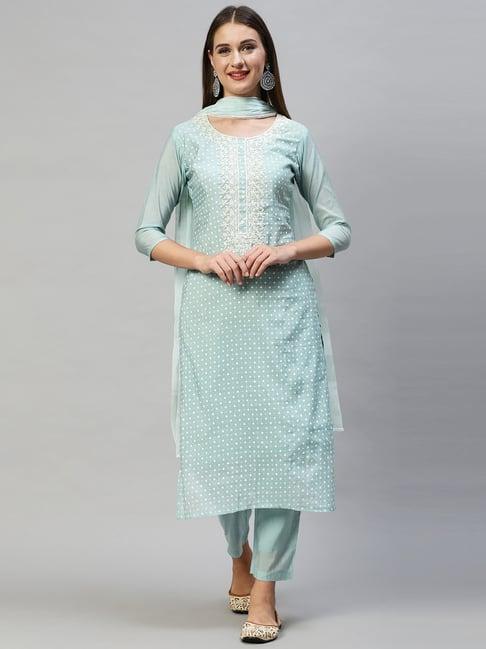 fashor mint green polka dots kurta pant set with dupatta