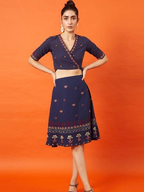 okhai sultana navy pure cotton kutch hand embroidered skirt