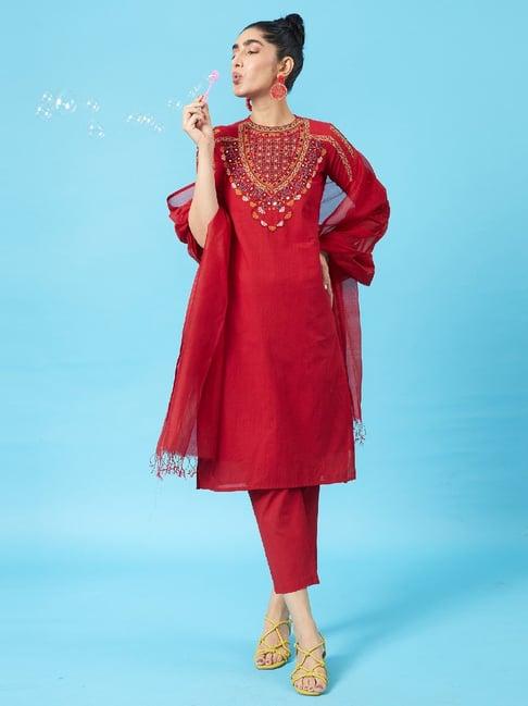 okhai thunderbird red pure cotton hand embroidered kurta pant set with dupatta