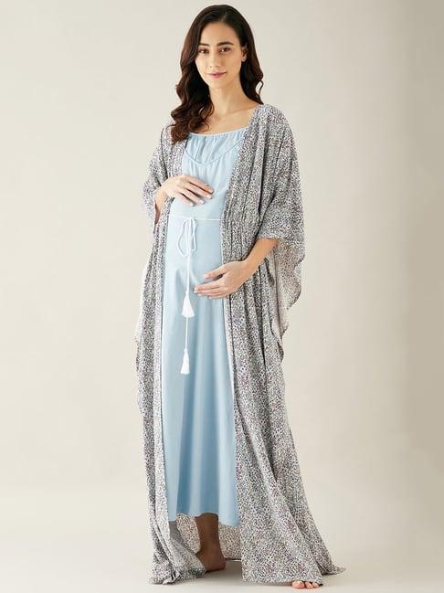 the kaftan company blue printed maternity kaftan night dress with gown