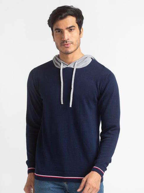 globus navy & grey regular fit hooded t-shirt