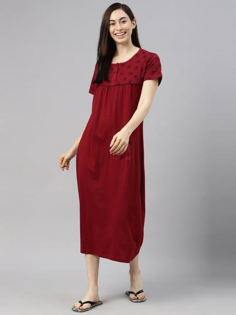 kryptic maroon printed pure cotton maxi night dress