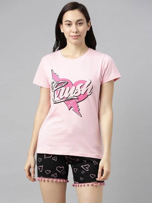 kryptic baby pink & black printed t-shirt with shorts