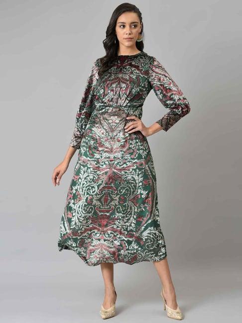 wishful by w green floral print a-line dress