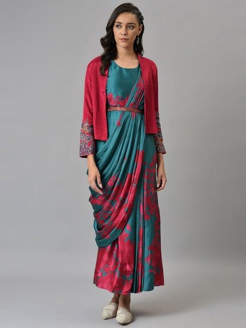 wishful by w teal green printed maxi dress with jacket