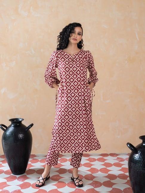 w maroon printed kurta pant set