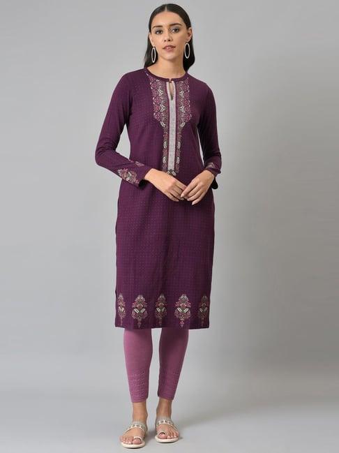 w purple floral print straight kurta