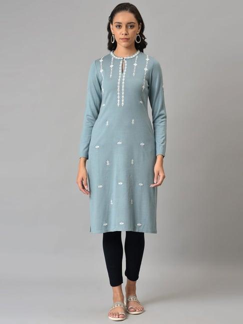 w sky blue floral print straight kurta