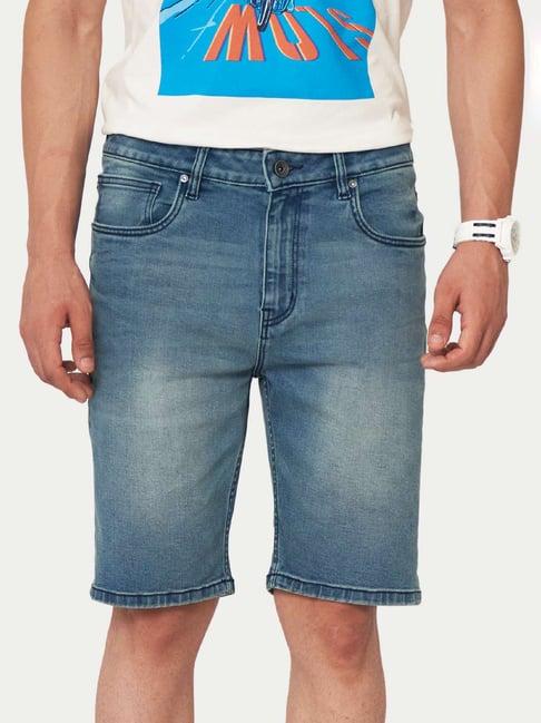 royal enfield blue regular fit denim shorts