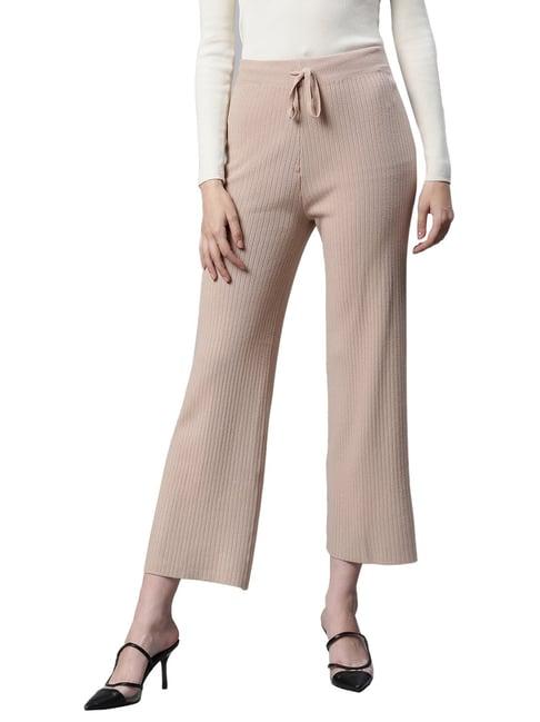 global republic beige striped regular fit high rise cropped trousers