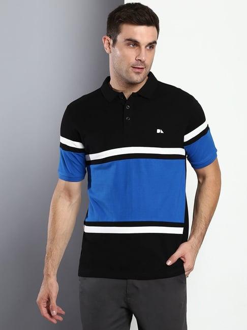 dennis lingo black & navy cotton slim fit colour block polo t-shirt