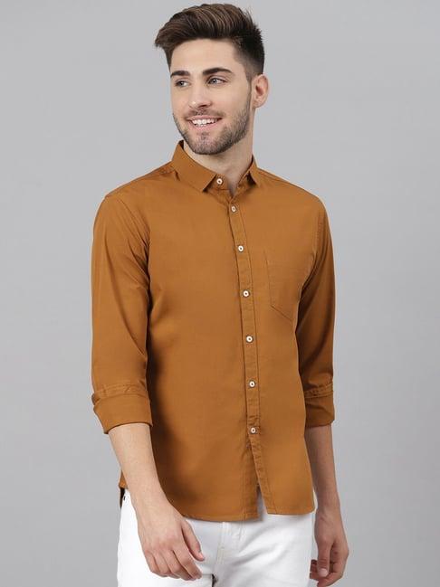 dennis lingo brown cotton slim fit shirt