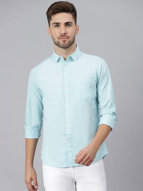 dennis lingo teal cotton slim fit shirt