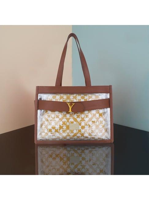 yelloe brown printed medium handbag