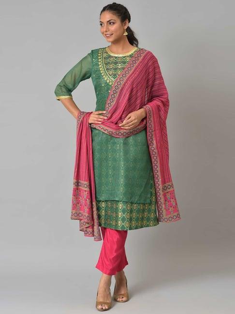 aurelia women green floral print kota kurta set with trousers & dupatta