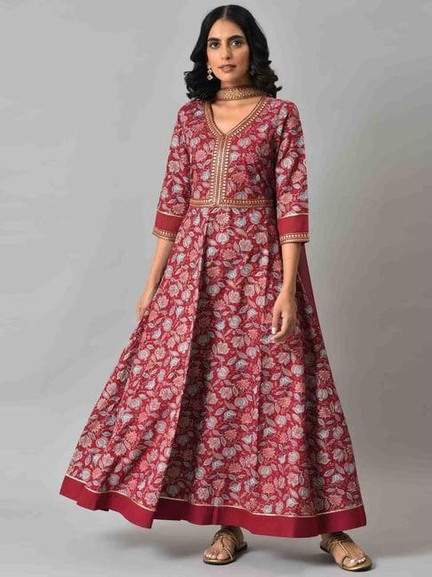 aurelia maroon floral print maxi dress with dupatta