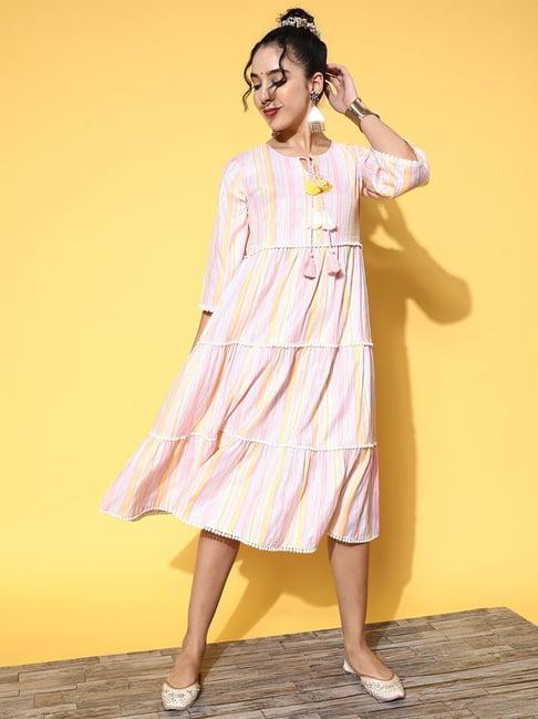 yufta multicolor cotton striped tiered a line dress