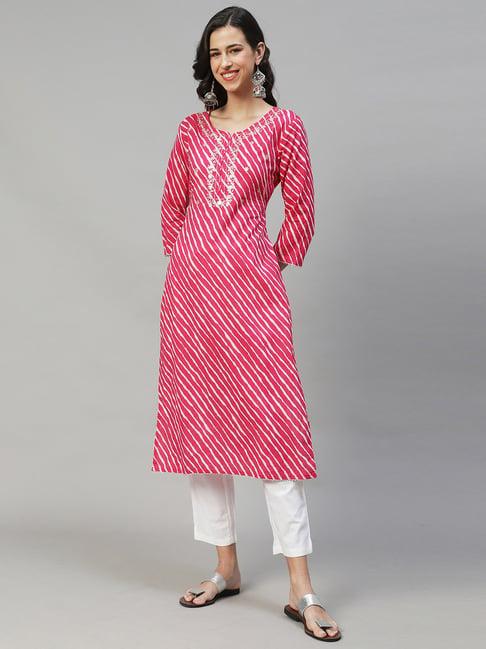 fashor pink & white cotton embroidered kurta pant set