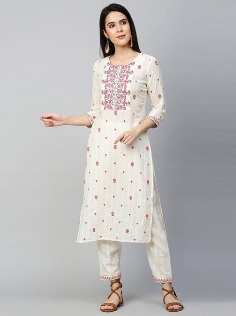 fashor off-white embroidered kurta pant set