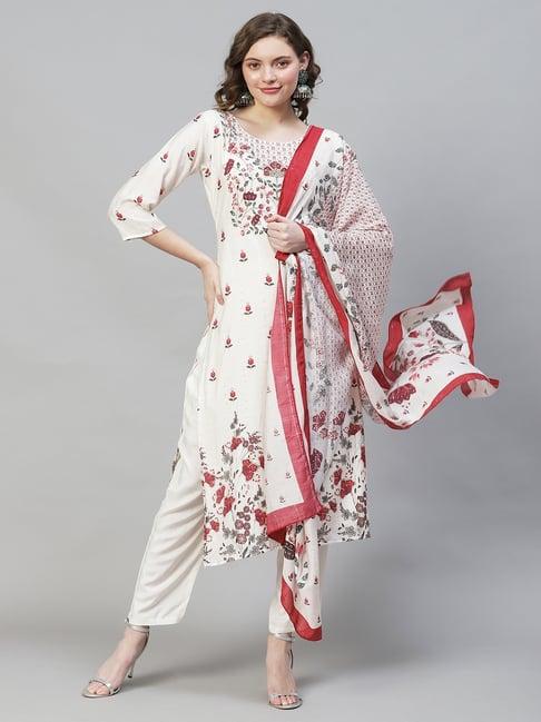 fashor cream embroidered kurta pant set with dupatta