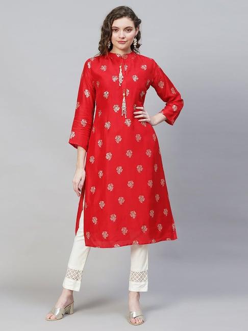 fashor red woven pattern straight kurta