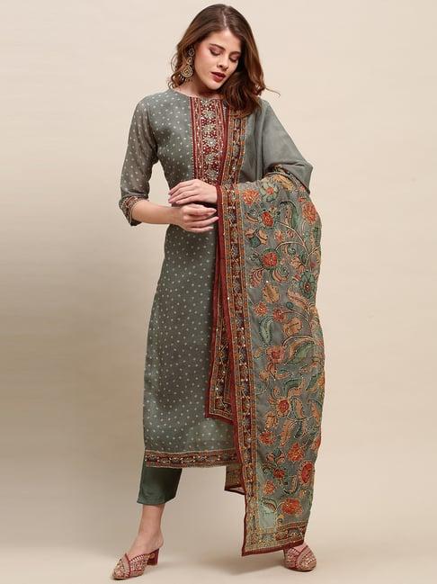 fashor grey & green printed kurta pant set with dupatta