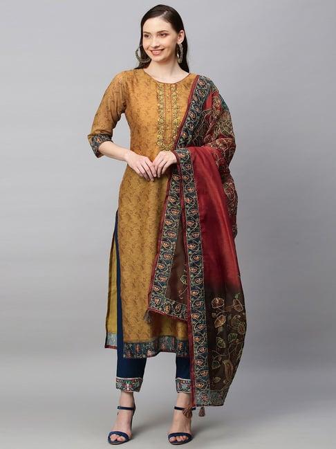 fashor ethnic mustard printed & hand embroidered straight kurta with dupatta