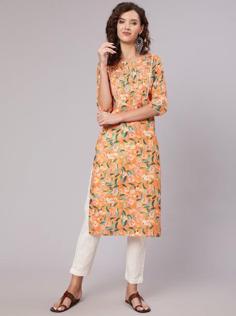 jaipur kurti orange floral print straight kurta