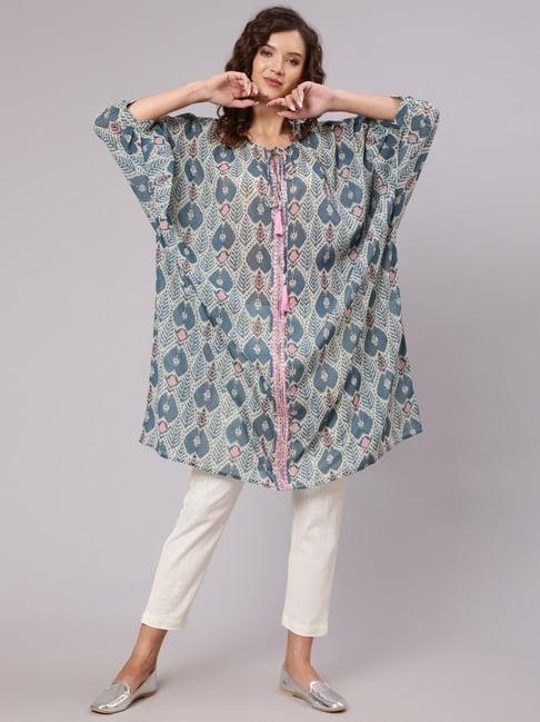 jaipur kurti multicolor printed kaftan kurta & pants set with slip