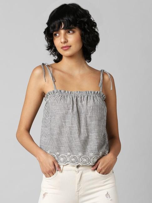 only grey cotton striped schiffli top