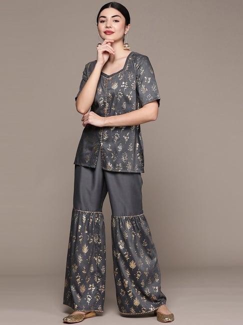 ziyaa grey floral print tunic sharara set