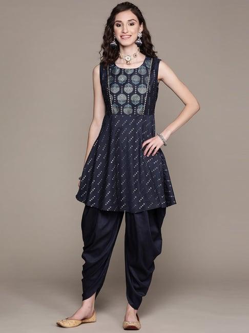 ziyaa blue floral print kurti dhoti pant set