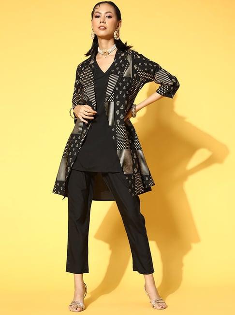 ziyaa black printed tunic pant set with jacket