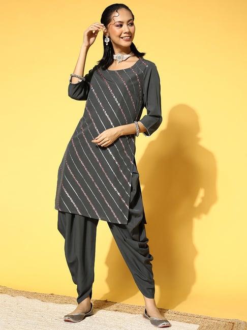 ziyaa grey printed kurta dhoti pant set