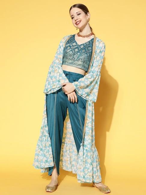 ziyaa teal blue floral print top pant set with jacket