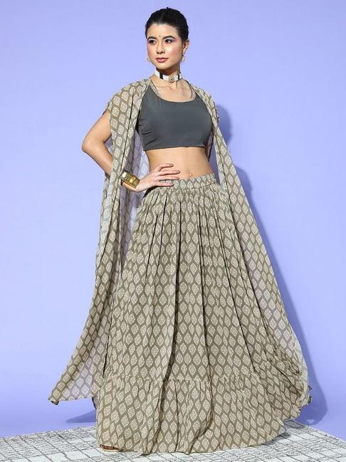 ziyaa grey & green top skirt set with shrug