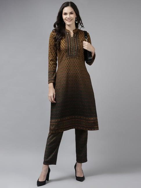 cayman mustard & green wool printed kurta with trousers